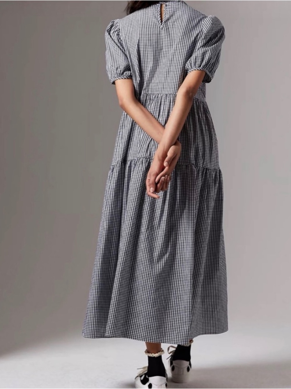 Anthropologie Eri + Ali Evaline Gingham Puff Sleeve Maxi Dress Black White M - Picture 2 of 6